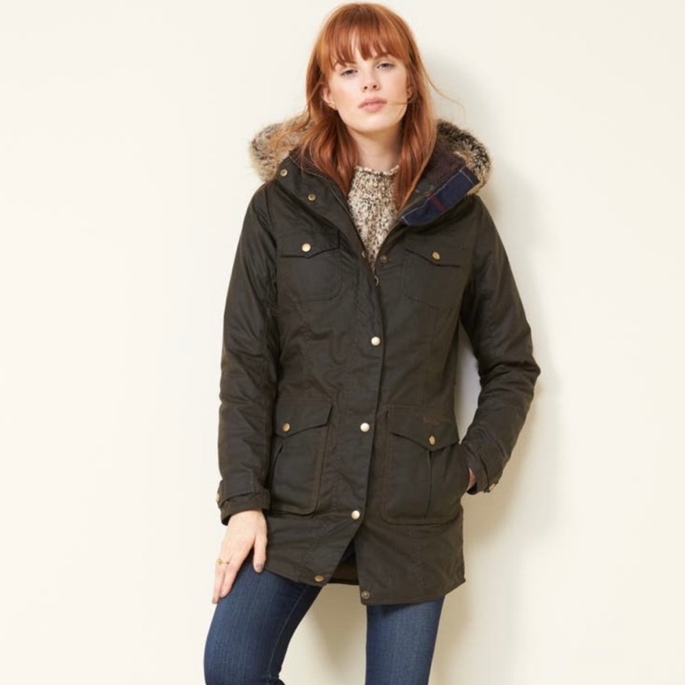 Classic Barbour Ashbridge waxed cotton jacket with faux fur trim